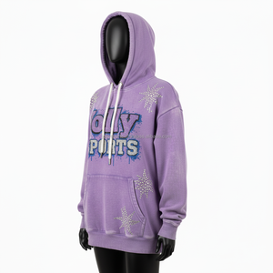 Sudadera con Capucha para Mujer, 330GSM, Resistente al Desgaste por el Sol, Felpa de Algodón Suave, Color Morado, con Logotipo Personalizado, Diseño de Pedrería, Corte Holgado - Product Image 4