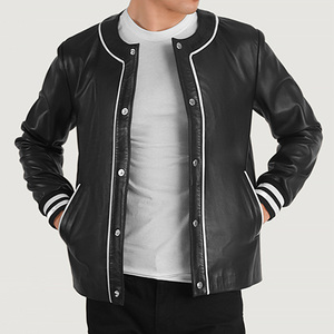 Ropa de calle de béisbol con logotipo personalizado para hombre, chaqueta universitaria Letterman con logotipo bordado, cuello levantado, manga de cuerpo de cuero - Product Image 4