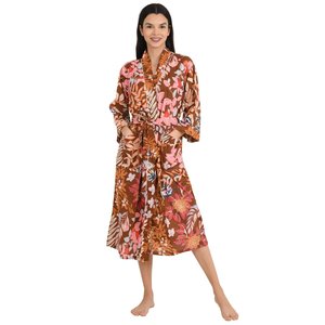 Boho-Kimono Style Casual Homewear Hand-Printed Indian Leaf-Flower Pattern Soft Cotton Woven Button Closure - Product Image 6