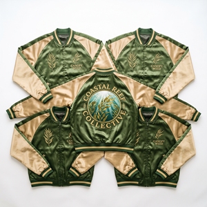 Wholesale Supplier Satin Souvenir Jacket Royal Navy Cream Sea Otter Kelp Embroidery Baseball Bomber <b>Coat</b> - Product Image 4