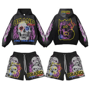 Custom Luxury Pullover Sun Faded Cotton Heavy Weight <b>Crop</b> Oversized Acid Wash Distressed Rhinestone Hood <b>Zip</b> up Men <b>Hoodies</b> Set - Product Image 4