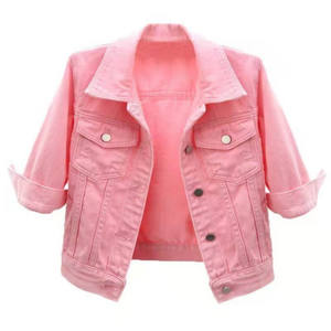 Chaqueta vaquera rosa casual para mujer, abrigo corto de primavera y otoño con decoración de botones, top corto teñido liso con estampado de leopardo 3D y diamantes - Product Image 1