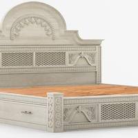 Lit de rangement extensible King Size en teck massif traditionnel avec tête de lit cintrée, 2 tables de chevet, design sculpté à la main, mobilier de maison