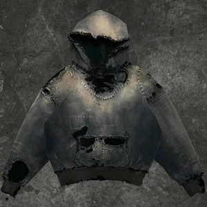 Sweat à capuche surdimensionné léger et déchiré pour homme, effet délavé soleil, vieilli, vintage, délavé à l'acide, 100% coton, streetwear - Product Image 1