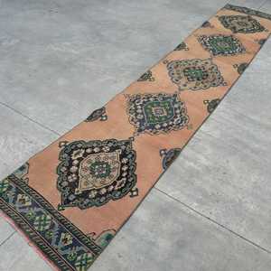 2.3x11.8 ft Vintage Runner Rug, <b>Brown</b> Blue Turkish Polka dot <b>Wool</b> Rug - Product Image 4