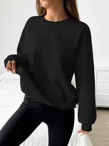 Oversized Black Crewneck Sweatshirt Women Cotton Fleece Pullover Long Sleeve Drop Shoulder Casual Loose Fit Winter Apparel - Product Image 4