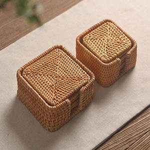 <b>Square</b> Rattan Coaster <b>Set</b> Wholesale Tableware Decoration Rattan Webbing Coaster Bohemian Style OEM Accepted from Vietnam Factory - Product Image 1