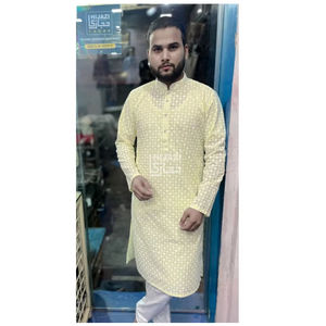 Handmade Traditional Style Yellow Chikan <b>Kurta</b> <b>Pajama</b> for Adults Indian Exporters Offer Handmade in India for Parties - Product Image 2