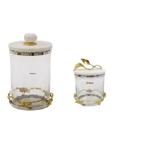 Venta caliente utensilios de cocina de lujo hoja de oro tapa de mármol decorativa diseñador indio decorativo Metal vidrio bote/tarro de almacenamiento comida - Product Image 4