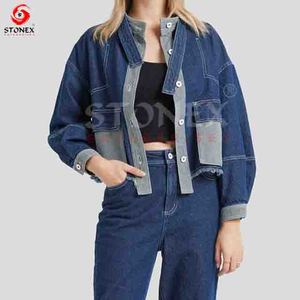 Chaquetas de mezclilla recortadas de retazos en contraste de 2 colores con cuello abotonado estilo novio para mujer personalizadas - Product Image 4
