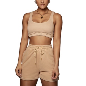2025 confortable coton Joggers entraînement femmes de haute qualité Logo personnalisé haut court et pantalon court ensemble motif solide - Product Image 3
