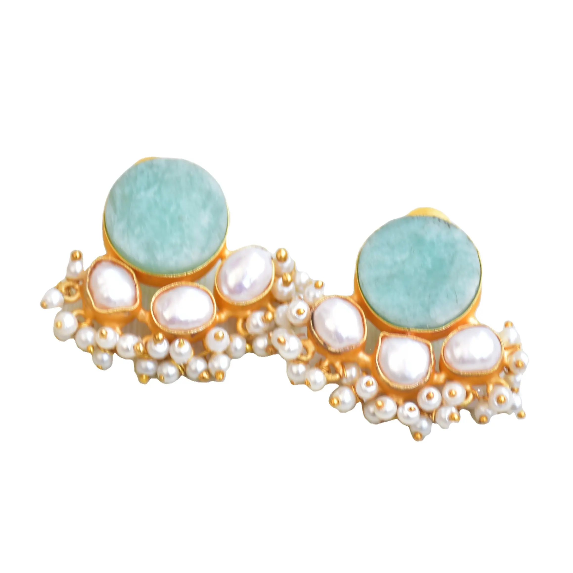 Amazonite With Pearl Gold Studs Raw Gemstone Pushback Earring Designer Colorful Pearl Earring Bridal Gemstone Statement Studs