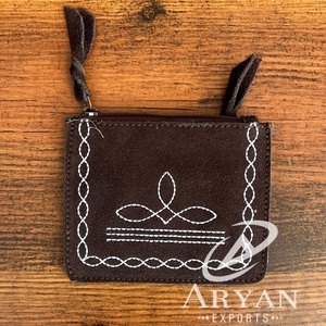 Pochette à monnaie en cuir suédé véritable noir et marron fait à la main en cuir de vachette occidental Mini portefeuille porte-monnaie pour les femmes - Product Image 1