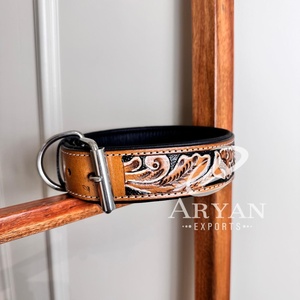 Personalized Hand Tooled Full Grain Leather Western Dog Collar Custom Genuine Leather Collar Floral Design Padded Dog Collar - Product Image 1