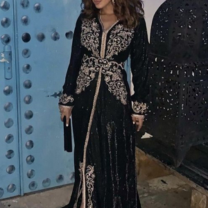 STUNNING BLACK COLOR CAFTAN DRESS FOR EMBELLISH WITH CRYSTAL BEADS,GLASS STONE WORK ON <b>SILK</b> <b>FABRIC</b> FOR PARTY-WEAR/WEDDING@ 2022 - Product Image 1