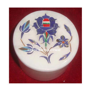 Fabricación y exportador indio, mármol blanco puro, forma redonda, trabajo con incrustaciones de flores y caja de almacenamiento de joyería de alta calidad - Product Image 1