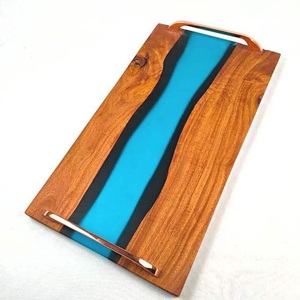 Último diseño multicolor resina de madera epoxi hecha a mano bandeja para servir río con 4 piezas Juego de posavasos bandeja de Arte de resina aguamarina - Product Image 1