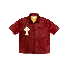 Écusson de haute qualité personnalisé OEM Chemise décontractée grande taille à manches courtes pour hommes Chemise en cuir vintage avec fermeture éclair Boxy et broderie d'appliques - Product Image 1