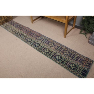 Alfombra Turca Vintage de 1.5x9.4 pies, Alfombra Azul a Rayas de Lana - Product Image 2