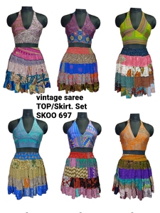 New Trendy Vintage <b>Short</b> Saree <b>Top</b> Skirt <b>Set</b> for Women Ethnic Indian Designer Outfit Wedding Party Wear 100% Silk Breathable - Product Image 4