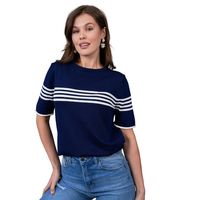 Pull en tricot rayé bleu marine à col rond et manches courtes pour femme, en coton respirant, style nautique, à porter toute l'année