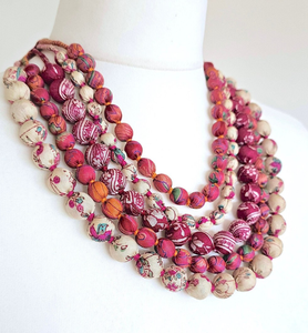 Trendy Bright Recycled Sari Silk Bead Fabric <b>Necklace</b>, Colourful Summer Sari Collar <b>Necklace</b>, 5 Layered Fringe Beaded Bandana - Product Image 1