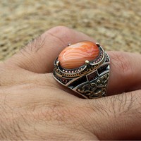 Bague de luxe pour homme en agate de feu orange, argent sterling 925 plaqué rhodium, sertissage clos, design vintage, bijoux fins, mariage