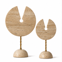 Ensemble de 2 sculptures abstraites circulaires en travertin de luxe avec support en or antique 12x7 pouces, décoration cadeau