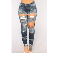 Celana Panjang Wanita Model Kasual Kancing Solid Ukuran Besar Warna Biru Denim Belah Model Skinny Pinggang Tinggi Bahan Bernapas Distressed