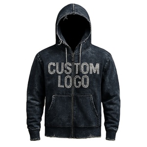 Sudadera con capucha desgastada con logotipo personalizado, lavada Vintage sudadera con cremallera, dobladillo deshilachado, ropa de calle de gran tamaño para hombres y mujeres, algodón 100% para invierno - Product Image 4