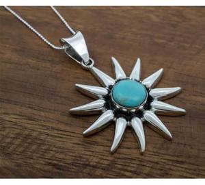 Nouveauté Turquoise chinoise 12mm pendentif rond en forme de soleil en pierre précieuse collier en argent bijoux faits à la main pour unisexe porter et cadeau - Product Image 1