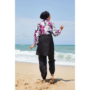Costume da bagno modesto viola con fantasia floreale per ragazze, con design a vita arricciata - Product Image 6