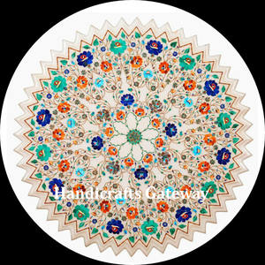 Dessus de table en incrustation de marbre blanc de qualité haut de gamme Table à manger pour thé et café de forme ronde Dessus de table à usage d'entreprise et de cadeau - Product Image 1