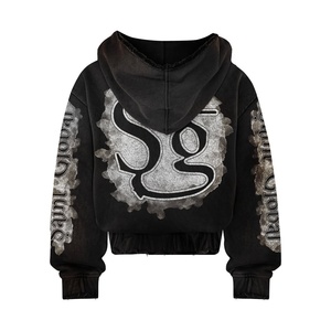 Sweat à capuche brodé sur mesure 100% coton polaire pour hommes en détresse délavé à l'acide avec patch en strass vêtements d'hiver - Product Image 3