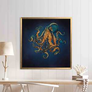 Impression sur toile d'art moderne en forme de pieuvre - Décoration murale de luxe dorée, encadrée de doré - Product Image 1