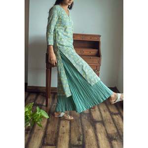 Kurta estampado en bloque de mujer Serenity Green con Palazzo arrugado acentuado en amarillo Juego de 3 tamaños Solo limpieza en seco en el XXS-XXL - Product Image 2