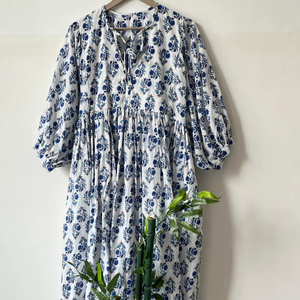 Vestido de algodón con estampado de bloques florales hecho a mano verano Midi longitud estilo bohemio algodón puro ligero Casual ropa de día ética - Product Image 1