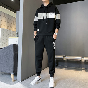 New Korean Style Casual Suit Trendy Hood Sweatshirt T-<b>Shirt</b> Sweatpants XL Fitness Activewear <b>Fleece</b> Gym <b>Mens</b> Tracksuit Set - Product Image 2