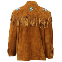 Chaqueta de cuero occidental tradicional marrón para hombre abrigo con cuentas de flecos chaqueta de cuero de ante de vaca original cierre de cremallera