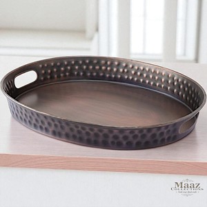 Plateau de service en métal martelé de 17 pouces avec poignées Plateau ovale en cuivre antique Grand plateau à dessert aux fruits de fête - Product Image 2