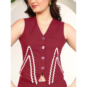 Conjunto de 2 piezas de rayón color granate para mujer de Deebaco, chaleco geométrico sin mangas con cuello en V, pantalón hasta el tobillo, conjunto formal de verano - Product Image 2