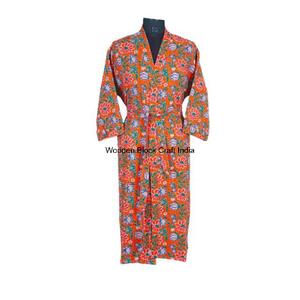 Robe kimono en coton tricoté respirant réversible matelassé Kantha fait à la main, peint à la main, veste longue pour femmes, vêtements de nuit d'été - Product Image 1