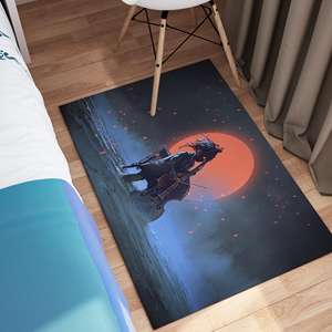 Tapis imprimé avec un homme jouant du violoncelle au bord de la mer, paysage nocturne, tapis moelleux à poils - Product Image 4