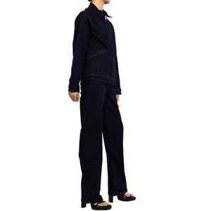 Jeans bleu foncé personnalisés de couleur unie tricotés denim lavé léger respirant bouton droit jeans pour femmes pour tout l'hiver automne - Product Image 6