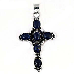 "Handmade Rhodium-Plated 925 <b>Silver</b> Lapis Lazuli <b>Cross</b> Charm Pendant for Women" - Product Image 1