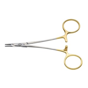 Soporte de aguja TC Halsey, 5 ", Instrumentos dentales quirúrgicos, mango de anillo dorado de acero inoxidable suave - Product Image 1