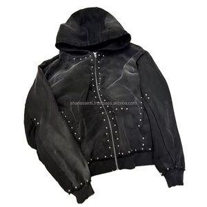 Custom Sun Faded Zipper French Terry Functional Acid Wash 500gsm Hombres Zip up Rivet Heavyweight Rhinestone Hoodie para hombres - Product Image 1