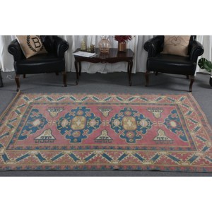 Alfombra étnica de lana rosa y azul, 5,8x8,1 pies, alfombra clásica de retazos de estilo turco para sala de estar con respaldo de látex para adolescentes - Product Image 3