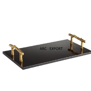 Juego de 3 bandejas de mesa para servir alimentos, bandejas modernas superiores blancas, verdes y grises con mango dorado, bandeja de mármol con forma rectangular a la venta - Product Image 2