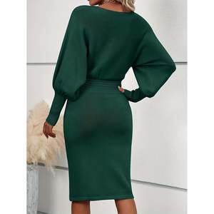 Ensemble robe pull mi-longue à manches lanternes, couleur unie, respirant, décontracté pour femmes, hiver - Product Image 3